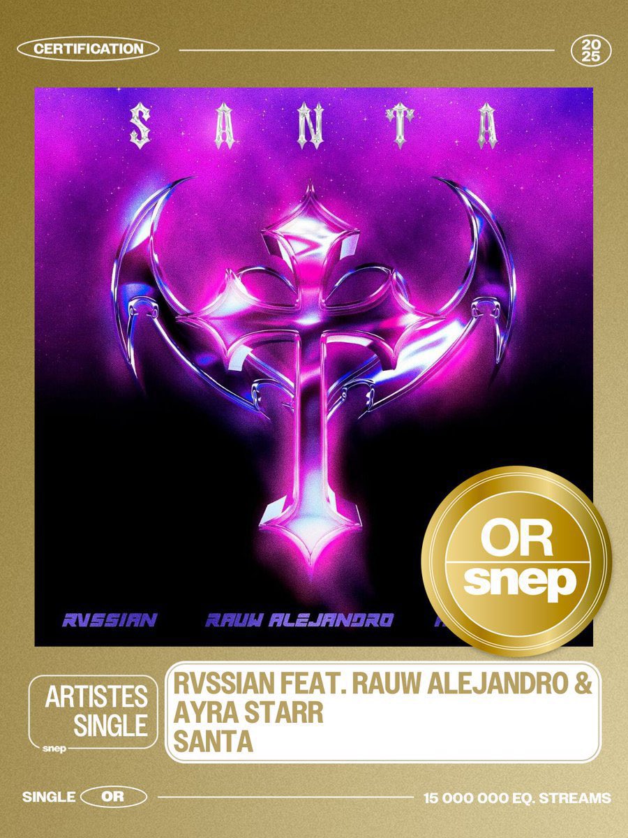 .<a href="/ayrastarr/">Celestial being</a>, <a href="/Rvssian/">Rvssian</a> &amp; <a href="/rauwalejandro/">RAÚL</a>’s “Santa” is now certified gold in France.

—It’s Ayra Starr’s fourth song to earn a gold certification or higher in the country.