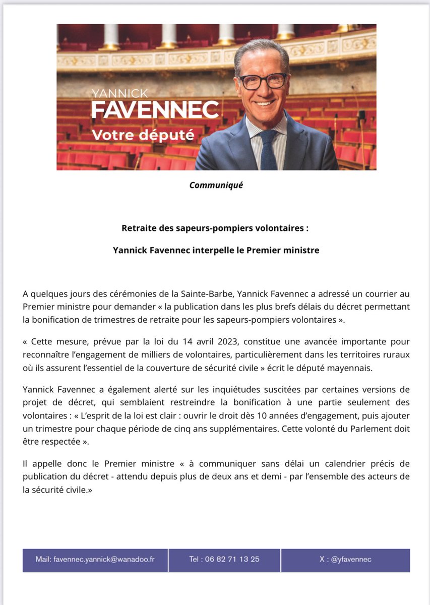yfavennec's tweet image. Ça fait 2 ans que nos #sapeurs #pompiers volontaires attendent la publication du #décret qui leur permettra de bénéficier de trimestres de retraite supplémentaires ! Le Parlement a voté cette loi en 2023 : elle doit être respectée et appliquée ! @Interieur_Gouv @sdis53
