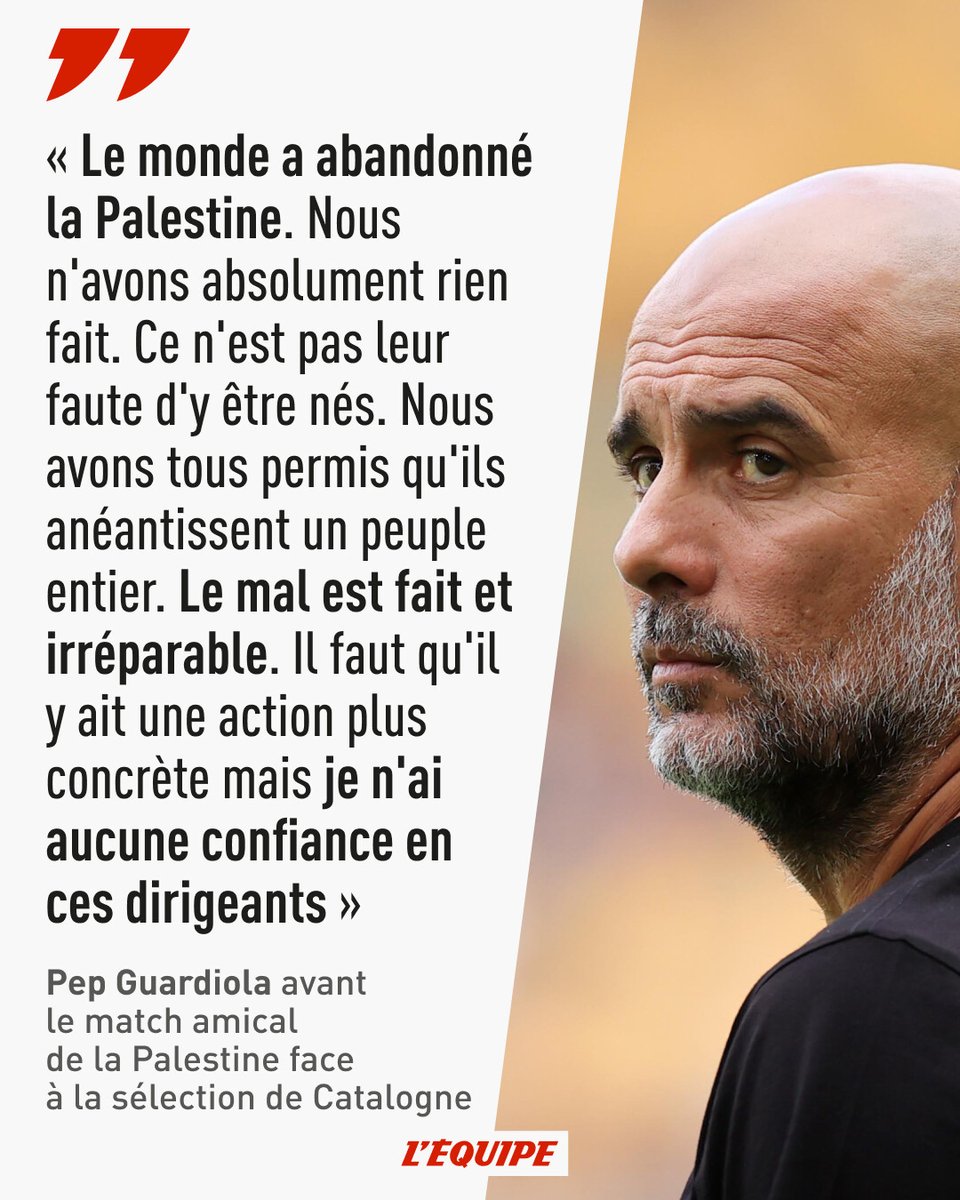 lequipe's tweet image. Avant la rencontre amicale de ce mardi entre la Catalogne et la Palestine Pep Guardiola, actuel entraîneur de Manchester City a apporté tout son soutien à l&apos;équipe Palestinienne et à son peuple l.lequipe.fr/shU