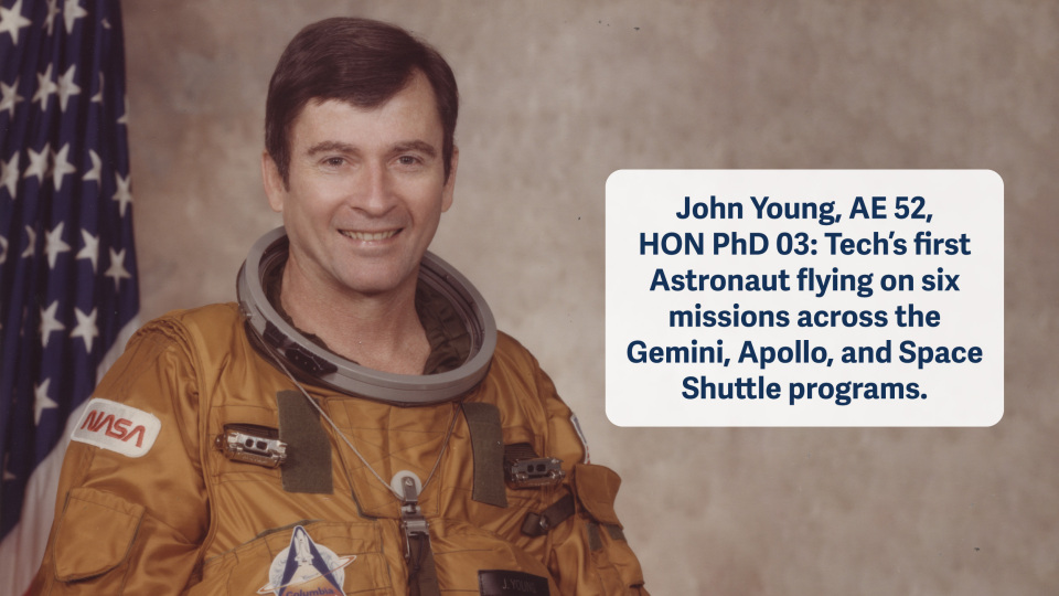 gtalumni's tweet image. John Young, AE 52, HON PhD 03, accumulated 835 hours of spaceflight over his career, including a circumnavigation of the moon during Apollo 10 to see where his future moon missions would land. During Apollo 16, he drove over 16 miles on the lunar rover to collect rock samples.