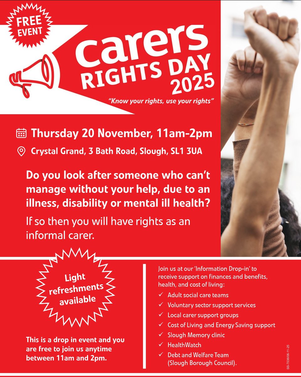 Do you look after someone who can’t manage without your help, due to an illness or disability?
If so then you will have rights as an informal carer!
Pop-in to our Carers Rights Day event on Thurs 20 Nov, 11am-2pm at Crystal Grand, 3 Bath Rd, Slough, SL1 3UA