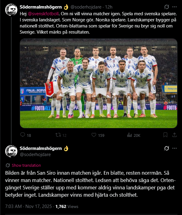 "Blatten" i sig har norskt blod, likadant med Oscar Bobb.
Om man ska vara så allan ballan på twitter kan man inte heller blocka hejvillt. Avblocka mig din lallare <a href="/soderhojdare/">Södermalmshögern 👌</a>