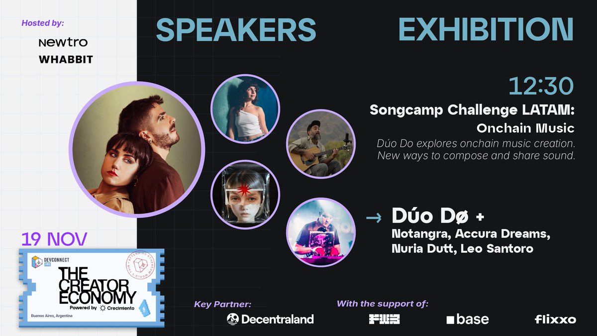 12:30 — SONGCAMP CHALLENGE LATAM: Onchain Music

A live exploration of music-making onchain.

Speakers:
• <a href="/duodomusica/">Dúo Dø Music ♬₊˚</a>
• @accuradreams
• <a href="/notangra/">𝐆𝐫𝐚𝐜𝐢𝐚𝐧𝐚</a>
• @nuriadutt
• <a href="/Toteco_egg/">leo santoro</a>