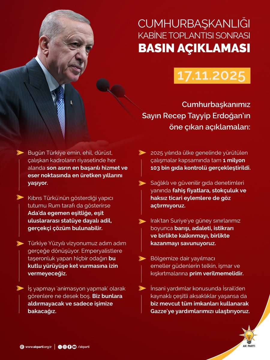 Akparti's tweet image. Cumhurbaşkanımız Sayın Recep Tayyip Erdoğan’ın, Cumhurbaşkanlığı Kabine Toplantısı sonrası öne çıkan açıklamaları.