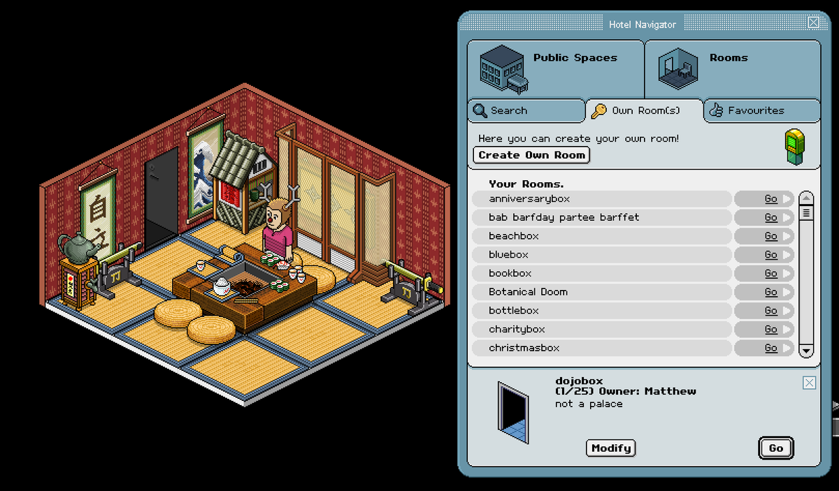 a new box is now available.

dojobox.

not a palace.

#HabboOrigins <a href="/HabboOrigins/">Habbo Hotel: Origins</a>
