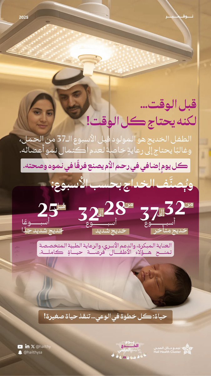 #توعية | 🩺

الخديج.. ولد قبل الوقت ويحتاج عناية ليكتمل نموه.
كل يوم إضافي في رحم الأم يصنع فرقًا 🫶

#تجمع_حائل_الصحي 
#حائل_الأصح 
#اليوم_العالمي_للطفل_الخديج