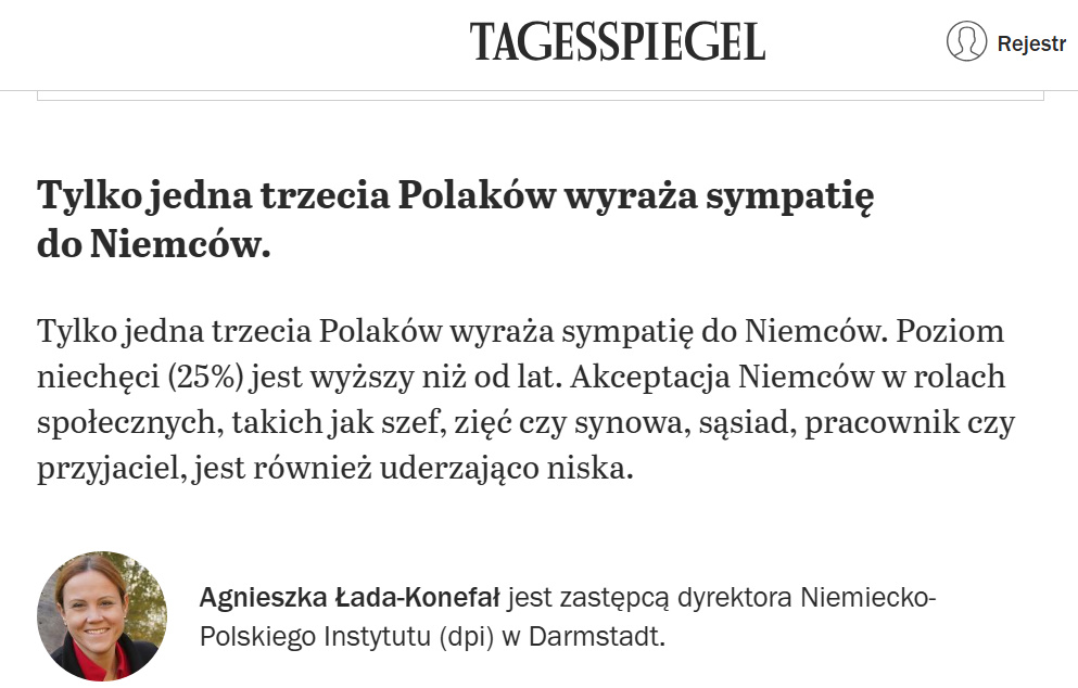 Poziom sympatii Polaków wobec Niemców spada - ukazuje „Barometr Polsko-Niemiecki”. Wyniki są  „najgorsze od początku badania” - alarmuje niemiecka ekspertka Agnieszka Łada-Konefał.

Ciekawe dlaczego?
Jakieś pomysły, Herr <a href="/Amb_Berger/">Miguel Berger</a> 💁‍♂️
Też Putin?