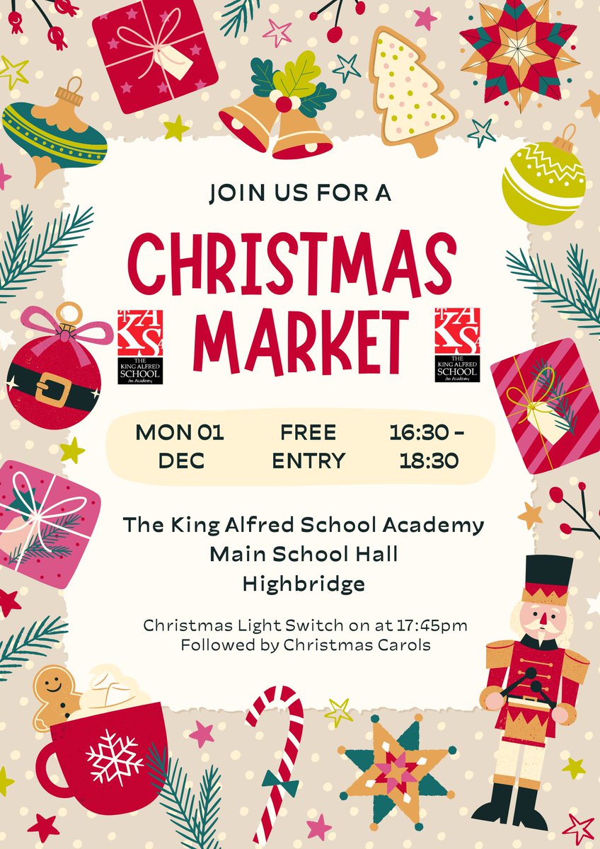 Christmas market, light switch on and Christmas carols!! An event not to be missed, we look forward to seeing you all there. ☺️🎄🎶🧁
<a href="/_TKASA/">The King Alfred School an Academy</a> #Highbridge #BurnhamOnSea #ChristmasMarket #ChristmasLights #ChristmasCarols #TKASA