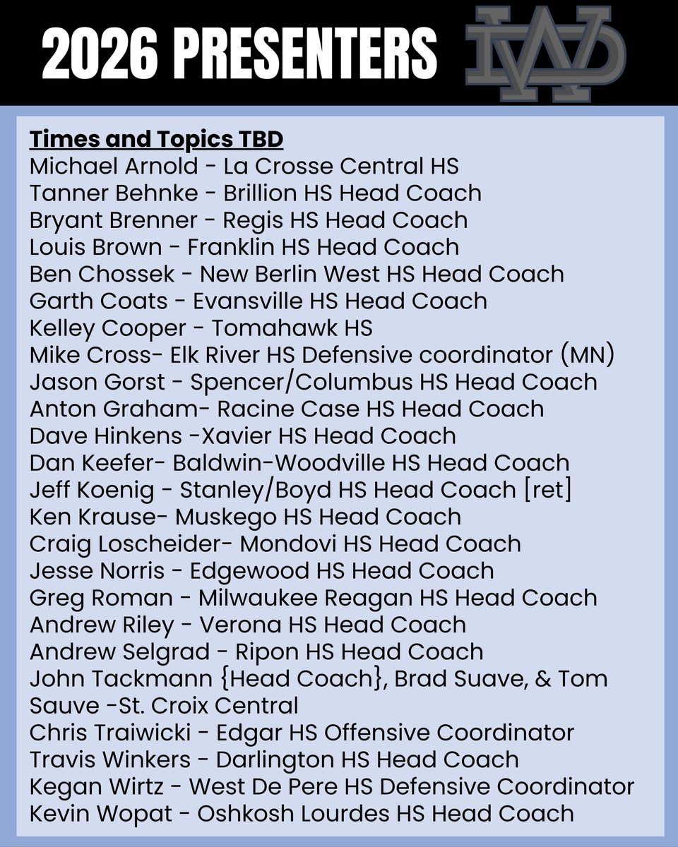 Registration is filling fast! Free lunch-Snacks-All Ball! 
We have a few speakers to add to this featured line-up. We will announce the topic line-up soon but we are loaded with O-D-Specials-Culture-Practice Drills- and a day in the life of a head coach and official!