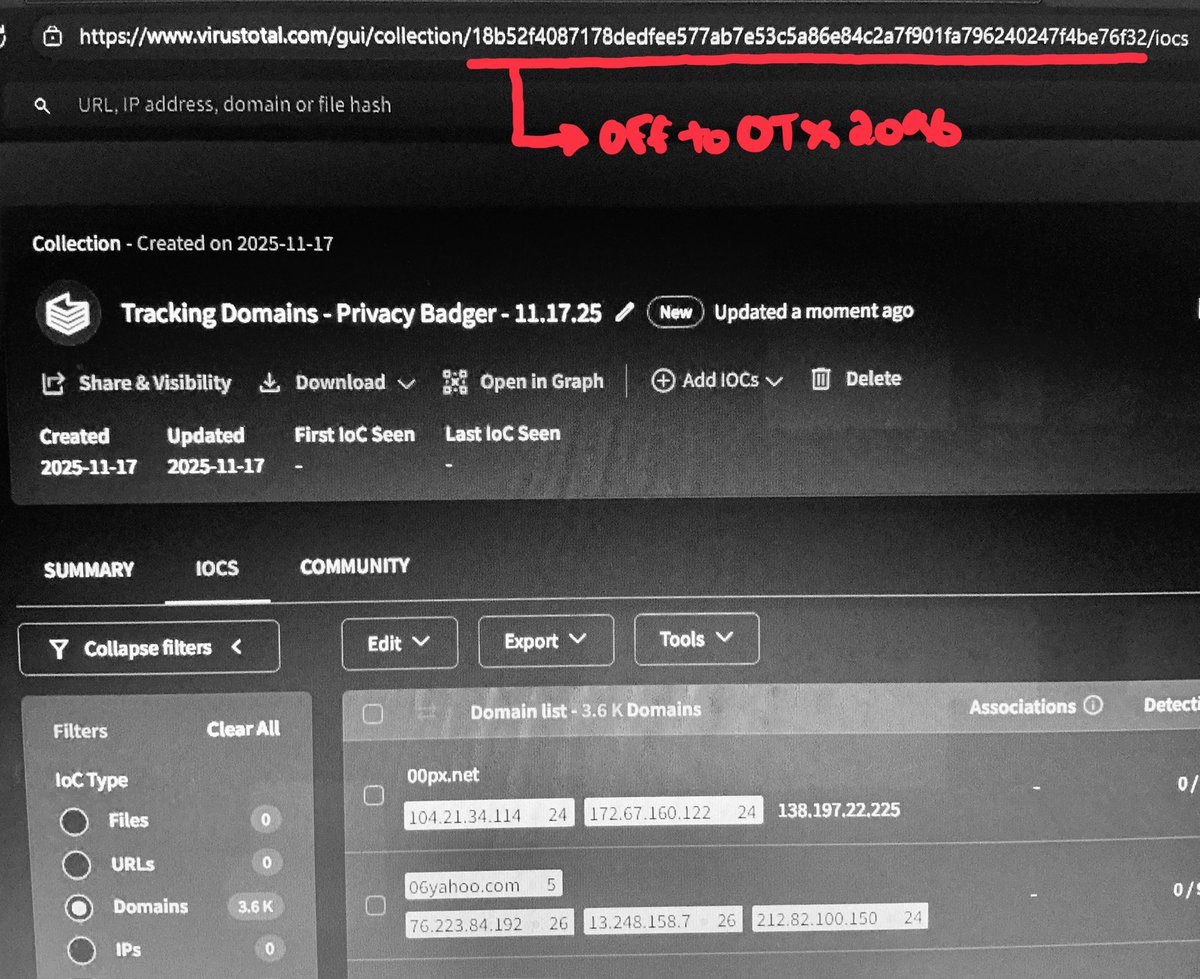 Oh just another 3.6K likely malicious pieces of trash to take out. Captured on an <a href="/AHS_media/">Alberta Health Services</a> <a href="/UAlberta/">University of Alberta</a> @youralberta workstation w. <a href="/PrivacyBadger/">Privacy Badger</a> <a href="/EFF/">EFF</a> [ Which I've somehow kept alive - ain't mine btw ] <a href="/virustotal/">VirusTotal</a> <a href="/LevelBlueCyber/">LevelBlue</a> 
Loving the new extension <a href="/RecordedFuture/">Recorded Future</a> <3