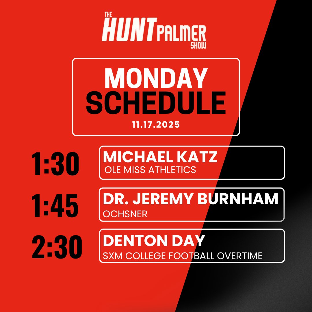 🚨Today on The Hunt Palmer Show🚨

⏰1-3pm

🦈1:30 - <a href="/MichaelLKatz/">Michael Katz</a> 
🩺1:45 - <a href="/JeremyBurnhamMD/">Jeremy Burnham, MD</a> 
🏈2:30 - <a href="/TheDentonDay/">Denton Day (D-Day)</a> 

📺WATCH: youtube.com/watch?v=swZVD4…
🎧LISTEN: 1045espn.com