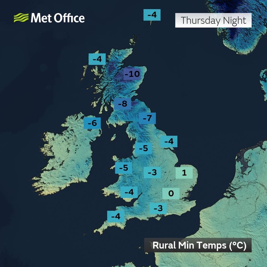 Brace for some chilly nights! 🥶🌙 

Arctic air will bring sharp frosts through the week. Here’s the outlook for rural minimum temps ❄️