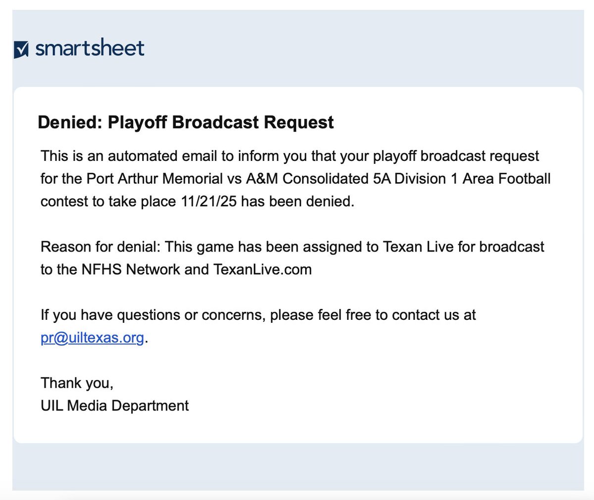 The UIL has denied PAISD's Athletic Media Team permission to broadcast our 11/21 playoff game for free on our YouTube channel.

Instead, they will broadcast the game on
TexanLive.com to the NFHS Network.
There will be a fee.  Go to Texanlive.com for details.