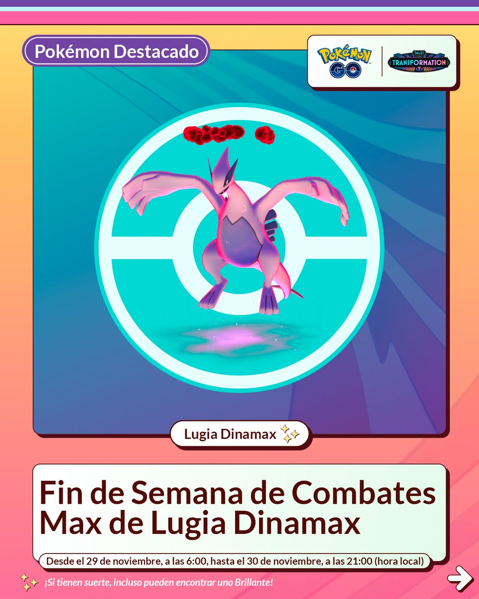 PokemonGoAppLA's tweet image. ¡Entrenadores, viene una tormenta!
 
¡Se enfrentarán a Lugia Dinamax en su debut en #PokemonGO con Combates Max de cinco estrellas!
 
Del 29 de noviembre a las 6:00 h al 30 de noviembre de 2025 a las 21:00 h, hora local.
 
pokemongo.com/news/lugia-max…