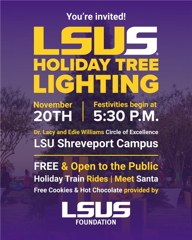 Join us for the LSUS Holiday Tree Lighting

📅 Thursday, November 20th
🕔 Festivities begin at 5:30 PM
🌟 Tree Lighting at dark
📍LSUS Campus

📸 Snap a photo with Santa 

🔗 RSVP &amp; details: lsusalumni.org/event-details/…