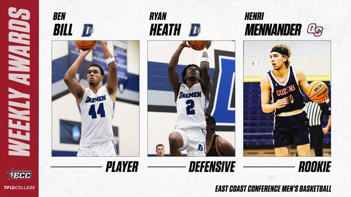 ECCSports's tweet image. The Daemen duo of Ben Bill and Ryan Heath earned @smcollegehoops Hall of Fame Classic All-Tournament Team honors en route to earning two of our first three ECC MBB Week 1 awards!

🏀🔗 -  eccsports.org/news/2025/11/5…