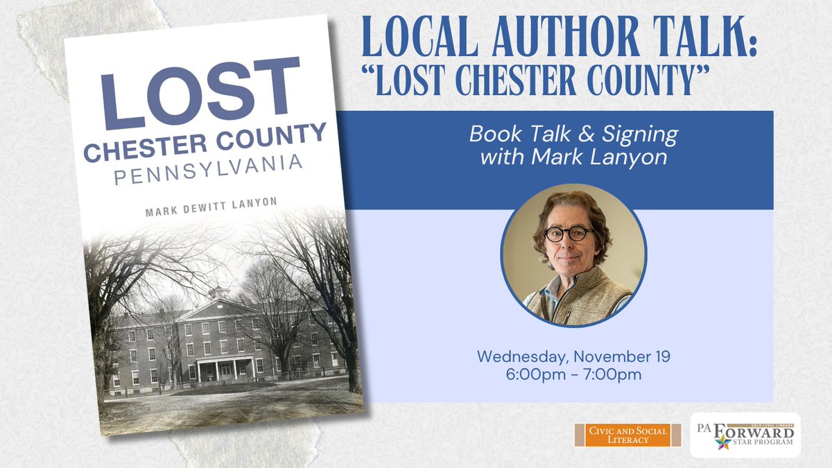 ChesCoLibrary's tweet image. Meet local author Mark DeWitt Lanyon &amp;amp; explore Chester County’s lost landmarks! From the Underground Railroad to Women’s Suffrage &amp;amp; Native American heritage, history lives here. 
bit.ly/MarkLanyonAuth…

#MeetTheAuthor #LocalAuthorSpotlight #ReadLocal #ChesterCountyHistory