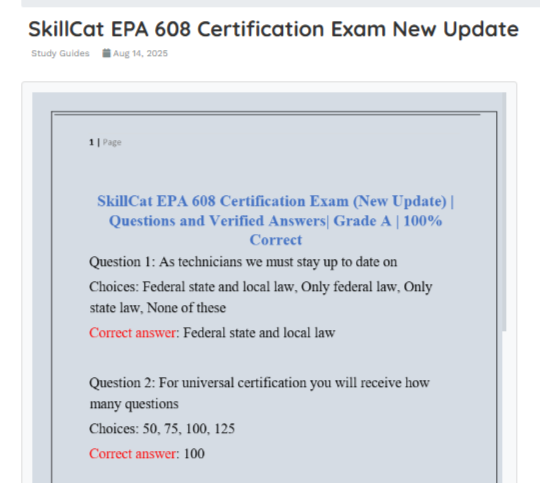 beststudy201's tweet photo. SkillCat EPA 608 Certification Exam New Update

SkillCat EPA 608 Certification Exam (New Update) | Questions and Verified Answers| Grade A | 100% Correct
Question 1: As technicians we must stay up to date on
Choices: 
https://t.co/feFgEsWDoL https://t.co/Q71lcVM5Cf