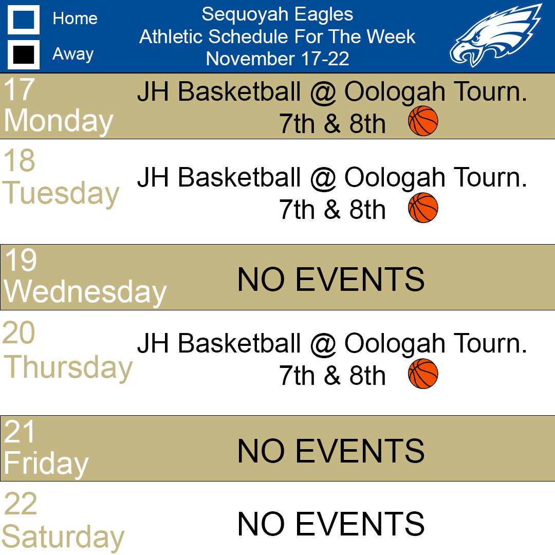 It's time to mark the calendar!!

Check out the graphic below to see all the Eagles Athletic events going on this week.

#comesoarwithus #sequoyaheagles