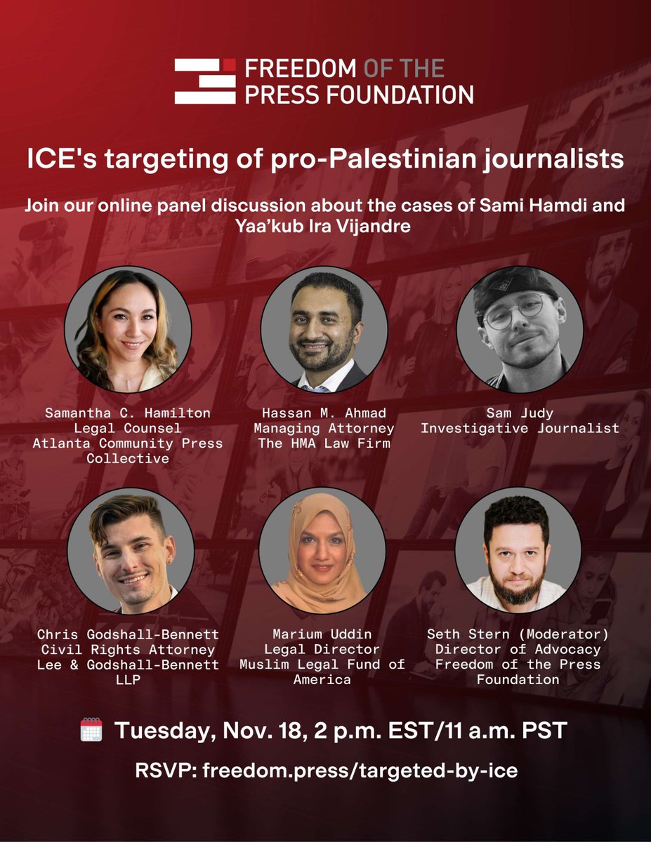 FreedomofPress's tweet image. 🔔 Join us for a conversation about ICE's targeting of pro-Palestinian journalists, featuring @__SamHam, @HMAesq, @cgb_atty, Marium Uddin, Sam Judy, and moderated by FPF's @SethAStern.

🗓️ Tuesday, Nov. 18, 2 p.m. EST/11 a.m. PST

RSVP: freedom.press/targeted-by-ice
