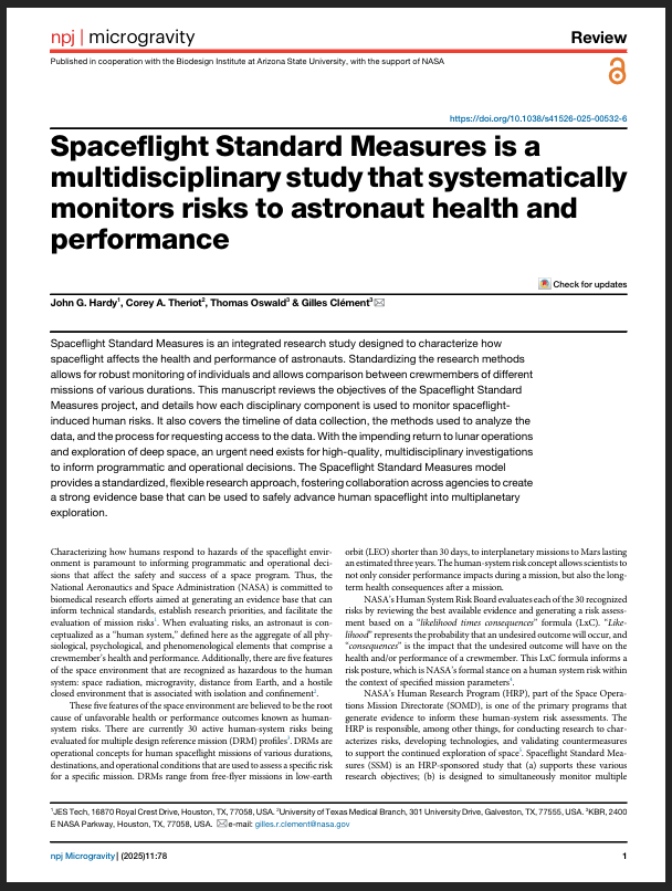 UTMB HHPC-2 senior research scientist Corey Theriot, PhD, is a co-author on a new NPJ Microgravity article on Spaceflight Standard Measures, a standardized test battery for monitoring astronaut health and performance. pmc.ncbi.nlm.nih.gov/articles/PMC12…