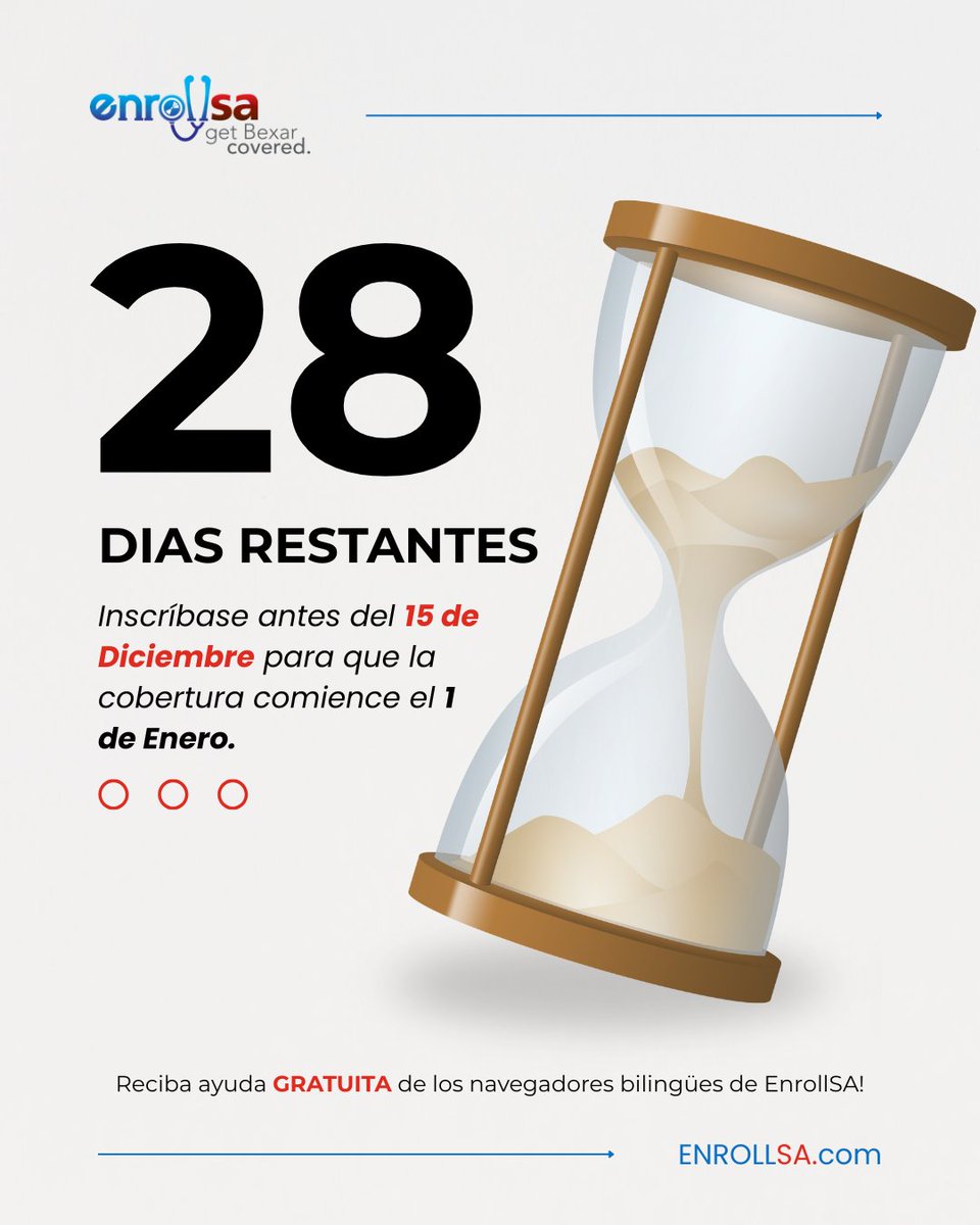 Time is running out! ⏳ You have only 28 DAYS TO GO to enroll by the December 15th deadline for coverage that starts on January 1st. Don't wait—secure your health plan now! Get FREE, bilingual help from EnrollSA's navigators. Tap the link in our bio!