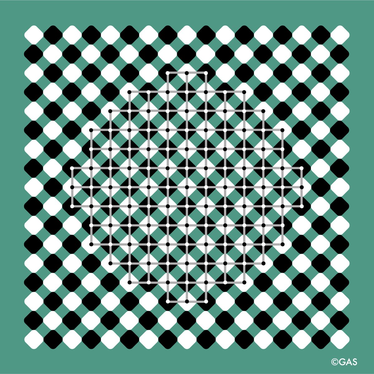 gsarcone's tweet image. One of my latest optical-illusion studies. Take a look around the image—click to enlarge for a stronger effect. Move your head or your device a little… notice anything? Let me know what you see.

#visualperception #opart #opticalillusion