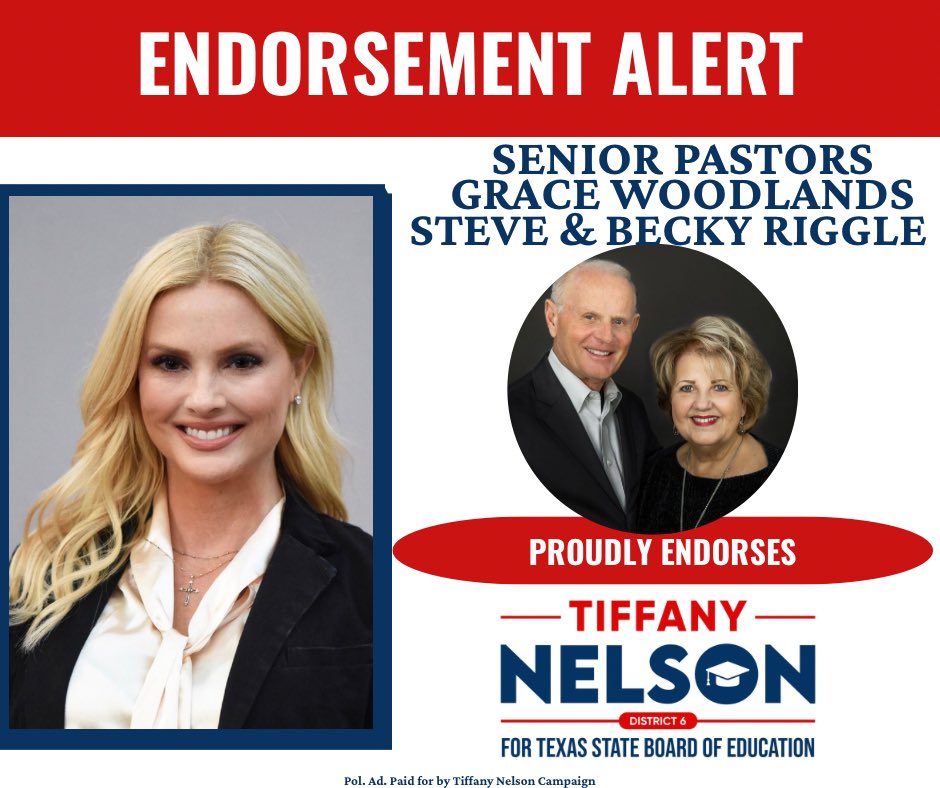 🚨ENDORSEMENT ALERT:PASTORS STEVE &amp; BECKY RIGGLE-PRESIDENT OF GRACE INTERNATIONAL, SENIOR PASTORS OF GRACE WOODLANDS🚨
Pastors Steve &amp; Becky are steadfast conservative leaders whose bold faith and principled guidance, strengthens families and defends biblical values.