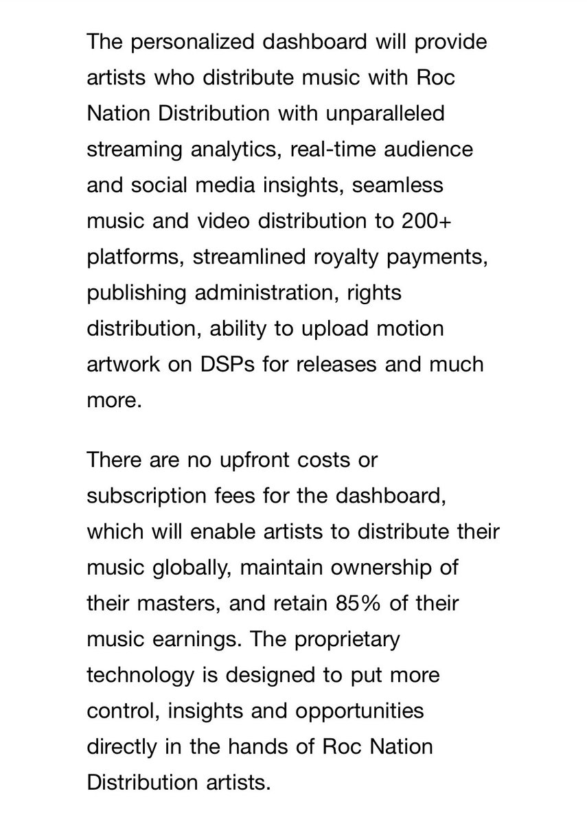 Roc Nation launches distribution for all independent artists

Standard 85-15 split on revenue with no upfront or subscription fee 👀