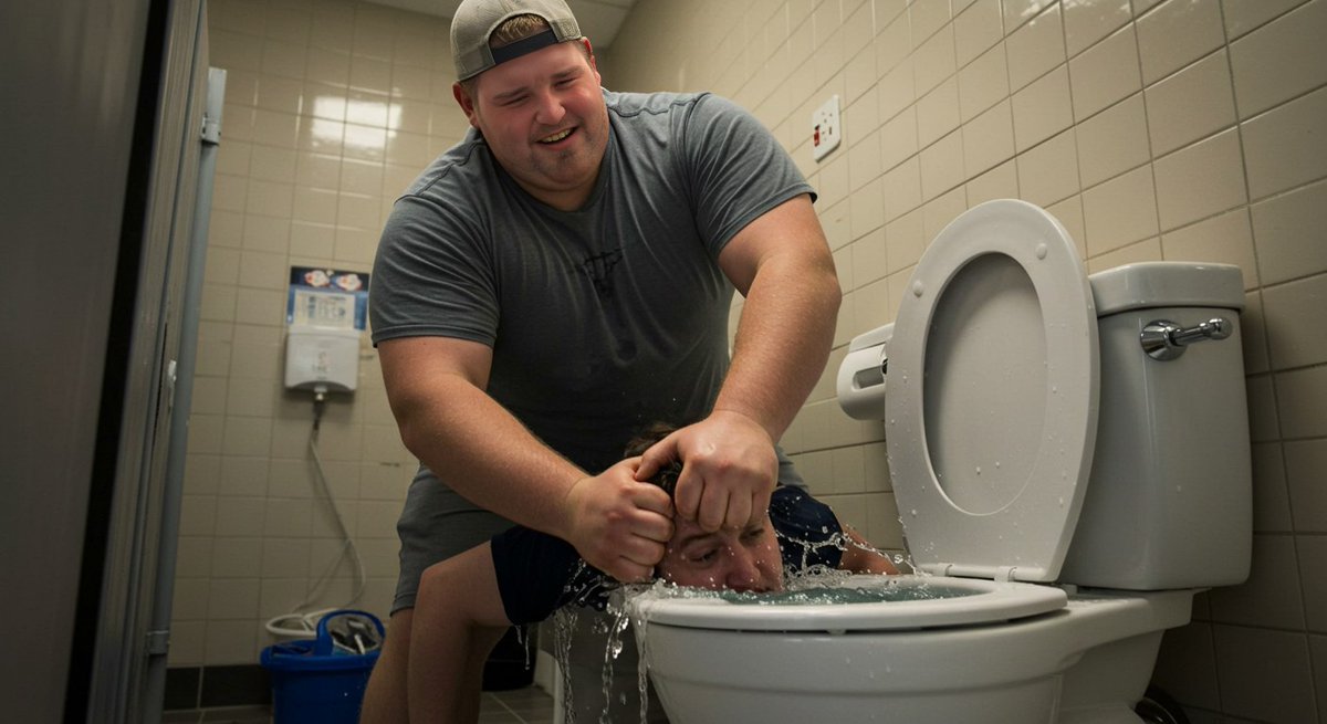 Was watching #football when my #college #roommate came home &amp; told me to sit on the floor. Wasn't comfy cuz the #collegefootball #meathead used my shoulders as a footstool. When I went to the #toilet, the #alphmale #jock snuck in &amp; gave me a #swirly!
#AIArt #CollegeLife #Swirlies