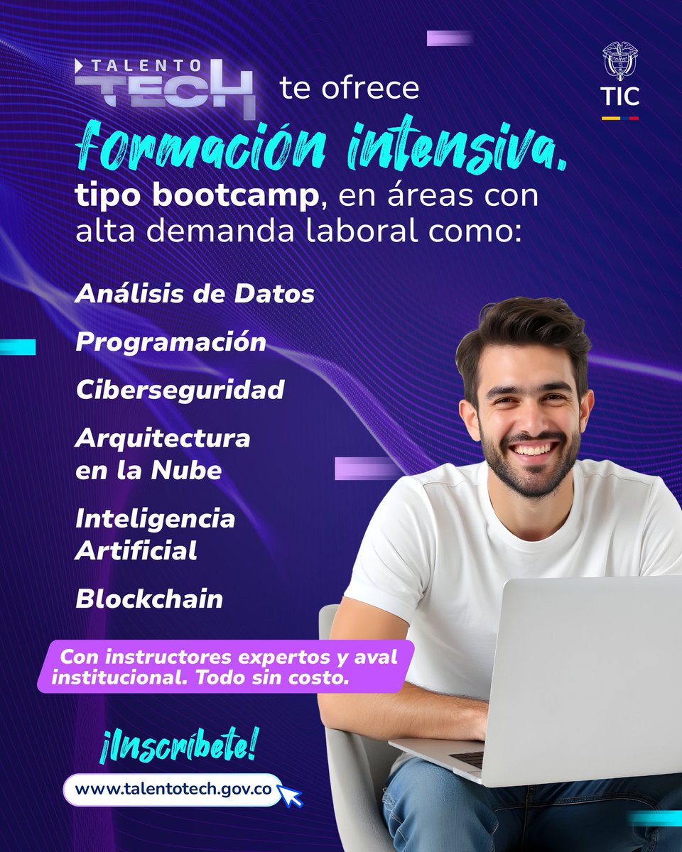 TalentoDigCol's tweet image. 💡 Con #TalentoTECH puedes comenzar a construir tu camino en el mundo digital. 

Elige el bootcamp y prepárate para asumir nuevos roles. Inscríbete aquí 👉 talentotech.gov.co.