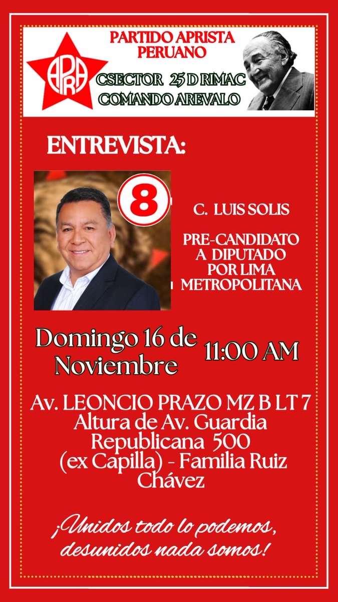 noemisolis19's tweet photo. CON LA FUERZA DE LAS BASES DE LIMA NORTE- LUIS SOLIS QUINTANA, DIPUTADO POR LIMA, recuerda vamos con el Nro 8!!!!! https://t.co/ks8tBf5wOW