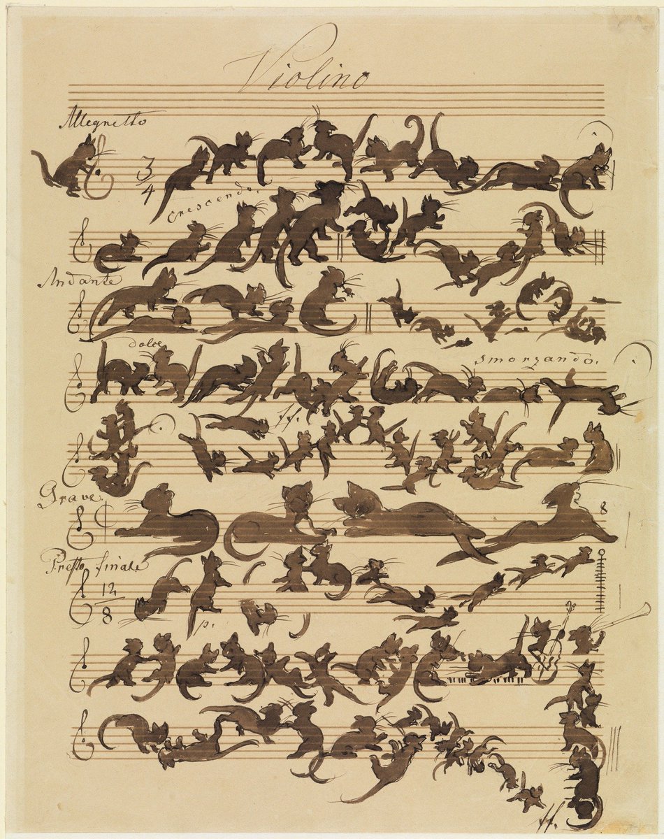 19세기, Moritz von Schwind라는 분이 만든 "고양이 교향곡" 악보...바그너의 악보를 풍자해 만든 것으로, 그의 친구이자 바이올리니스트 Joseph Joachim에게 선물로 준 것이라고...