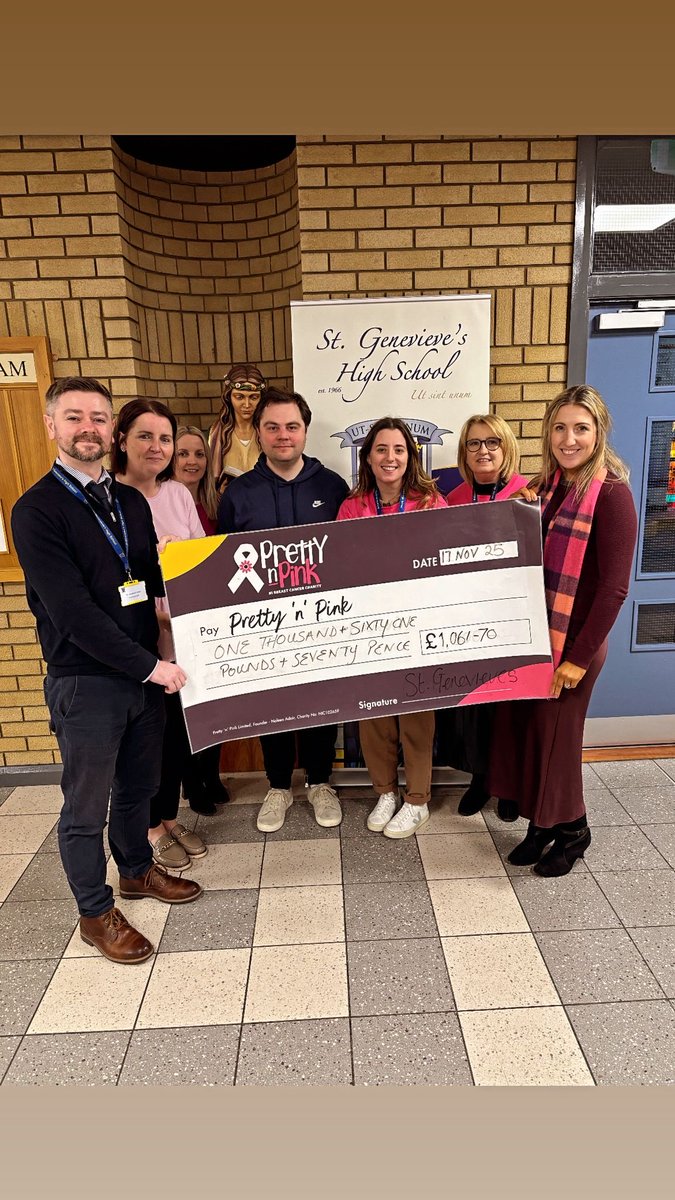 A huge thank you to Audra from Pretty n Pink for joining us today to accept a cheque on behalf of this incredible local breast cancer charity. Our amazing students and staff at St Genevieve’s raised an amazing £1,061.70 for Pink Day! 🎀 👏 <a href="/stgensAP/">Cathy Austin</a> <a href="/Prettynpinkni/">Pretty 'n' Pink NI</a>