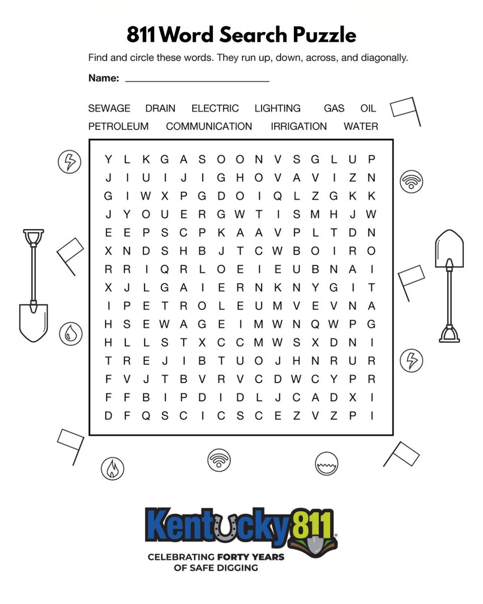 kentucky811's tweet image. Download our 811 word search and circle some words related to underground facilities! This is a fun way for adults and kids to learn about the utilities that we help protect.

Print and complete the activity, then share your results with us!

#SafeDigging #FallFun