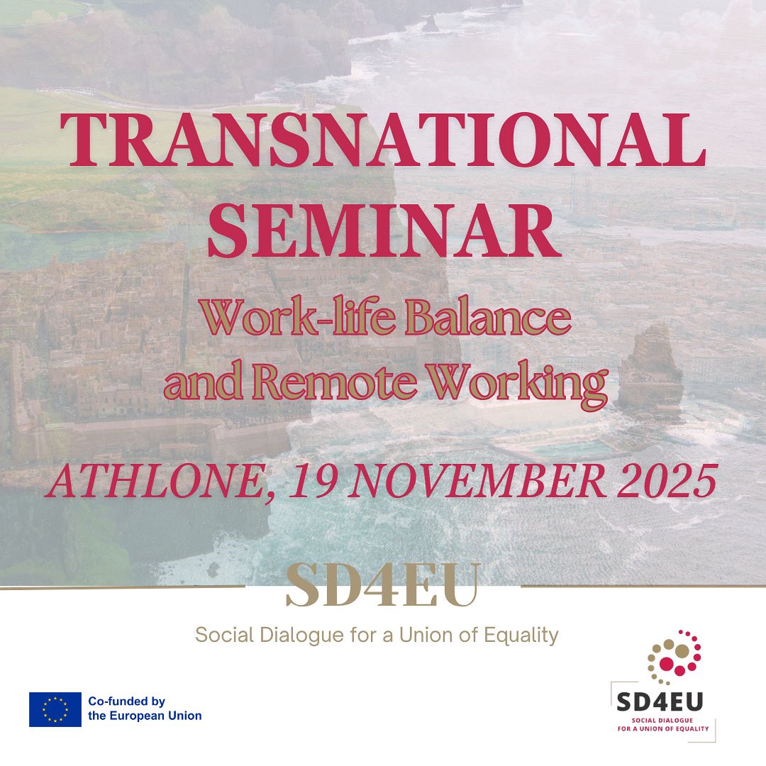 ✨SD4EU Seminar 🇮🇪 19.11.25✨

Work-life balance &amp; remote working.

3rd  seminar of #SD4EU — coordinated by <a href="/Confprofessioni/">Confprofessioni</a> — at TUS – Athlone Campus on telework, flexible work, risks &amp; opportunities, and insights on how to shape a fair, sustainable future of work in the EU.