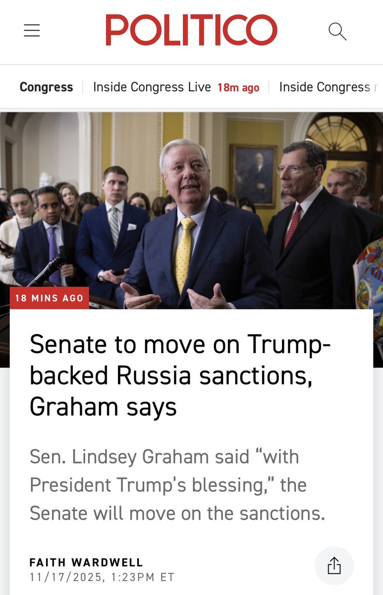 Tendar's tweet image. The US Senate is about to move on Trump-backed Russia sanctions.

Senator Lindsey Graham said “with President Trump’s blessing,” the Senate will move on the sanctions.

“This legislation is designed to give President Trump more flexibility and power to push Putin to the peace…