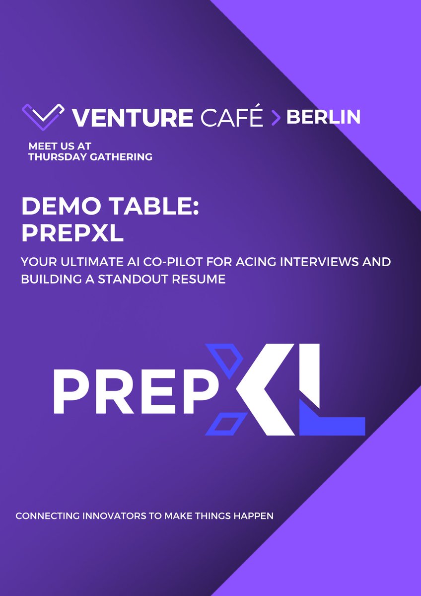 prepxlapp's tweet photo. PrepXL is showcasing our AI career co-pilot at Venture Café Berlin this Thursday!
If you're around, stop by our demo table and explore the future of job readiness.

#PrepXL #BerlinTech https://t.co/oH3fRIlotO