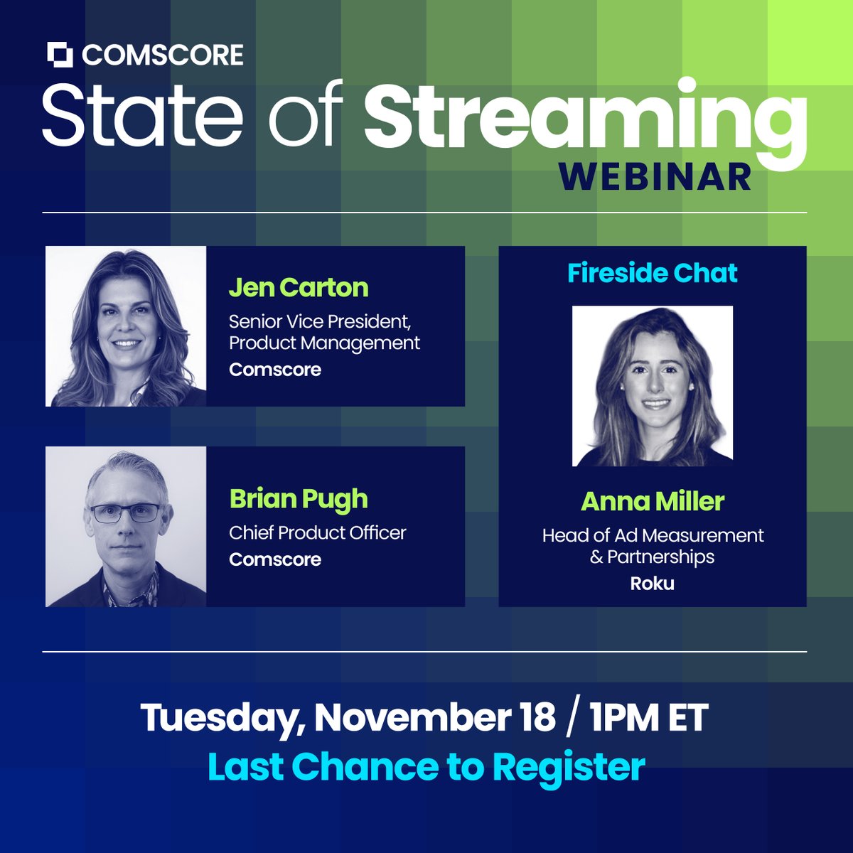Comscore's tweet image. It’s your last chance to register for Comscore’s 2025 State of Streaming webinar.

Tomorrow, Nov 18, we’ll break down how CTV audience behaviors and ad innovation are evolving, and how those shifts can guide your 2026 planning.

Register now here: comscore.com/Insights/Prese…