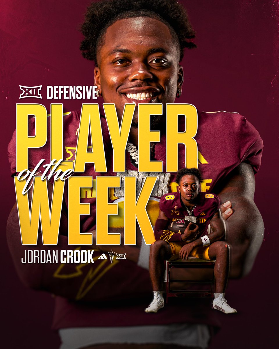 ASUFootball's tweet photo. Jordan Crook named @Big12Conference defensive player of the week 🔥 https://t.co/6Br40CgLIf