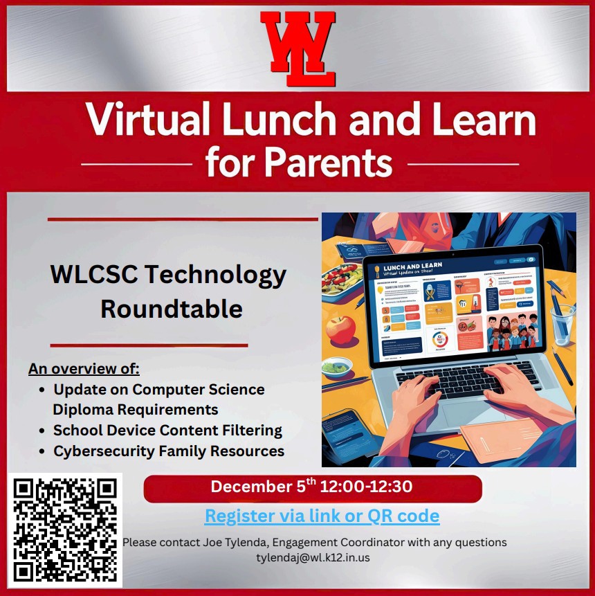 wlcscrdp's tweet image. Join us for December’s Virtual Lunch &amp;amp; Learn: Technology Roundtable! Parents will learn about computer science diploma requirement updates, school device content filtering, and cybersecurity resources for families. Use the link or the QR code to register! wl.webex.com/weblink/regist…