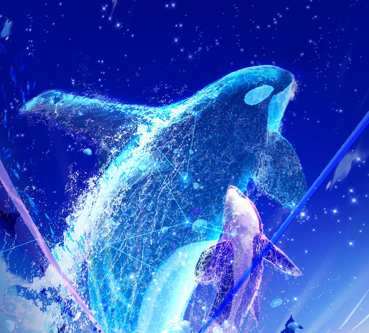 シャチの親子描けてきた