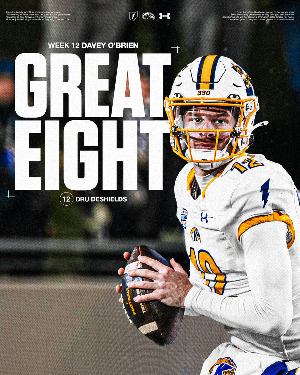 KentStFootball's tweet image. 🚨 𝗪𝗲𝗲𝗸 𝟭𝟮 𝗗𝗮𝘃𝗲𝘆 𝗢'𝗕𝗿𝗶𝗲𝗻 𝗚𝗿𝗲𝗮𝘁 𝟴 🚨

Dru DeShields is named to the week 12 Davey O'Brien Great 8 after his five touchdown performance in the 42-35 win at TSDTR. 

#GoFlashes⚡️ | #HAB1TS