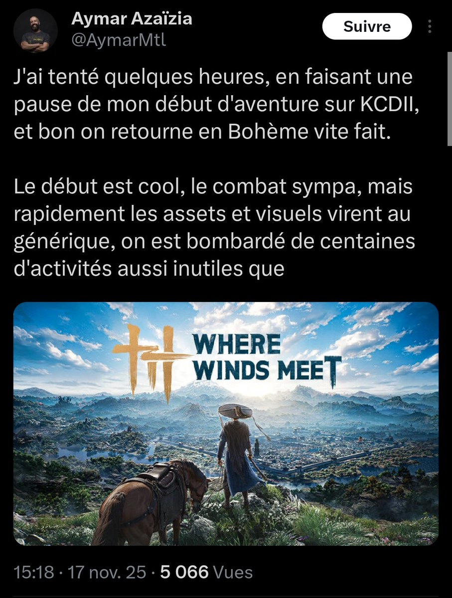 Donc là on a un gars qui bosse chez Ubisoft qui dit que Where Winds Meet est rempli de quêtes inutiles et qu'il est ultra générique ? Le culot n'a plus de limite 😂😂😂
