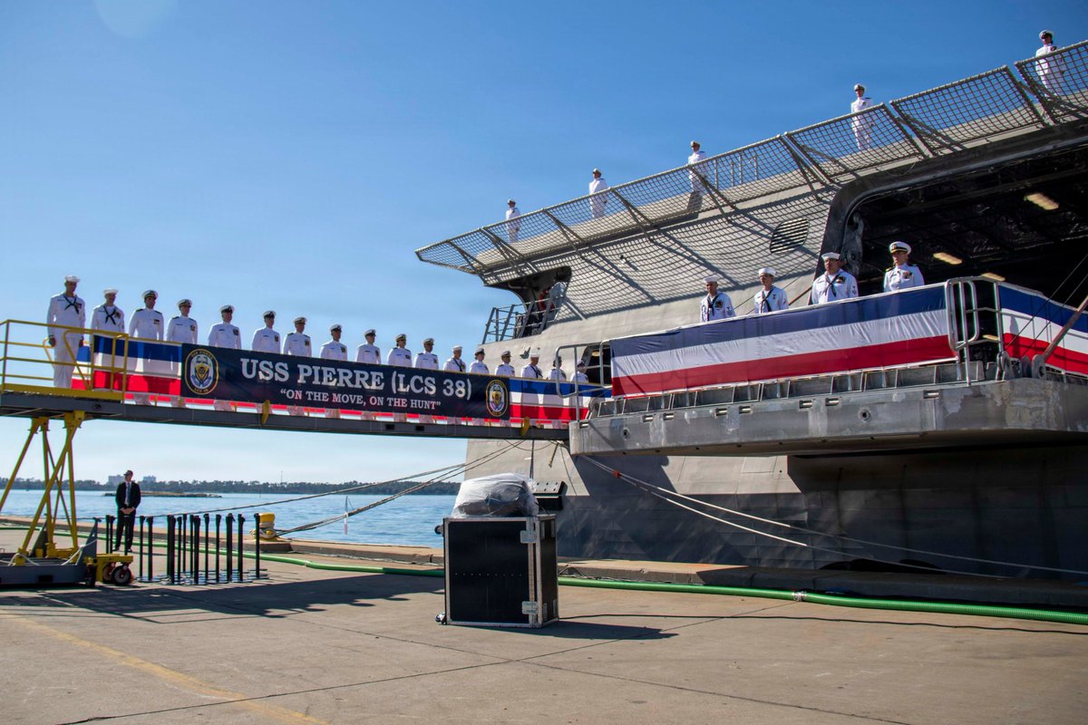 DeptofWar's tweet image. The @usnavy commissioned its newest ship, the USS Pierre, during a ceremony in Panama City, Fla.

The new littoral combat ship will be key to protecting our borders and those of partner nations against 21st century coastal threats.