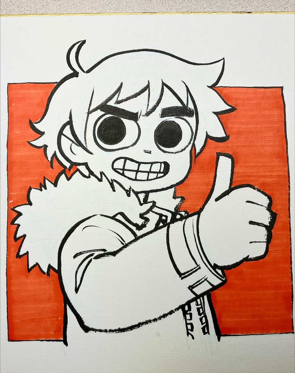 ThePilgrimScoop's tweet image. Today On November 17th, 2025, Bryan Lee O’Malley made a post (on his Instagram page) about the 2 year anniversary of SPTO.

In it he included these drawings one of them was made for Mokochan the writer and Episode director of the Third episode of Takes off “Ramona Rents a Video”