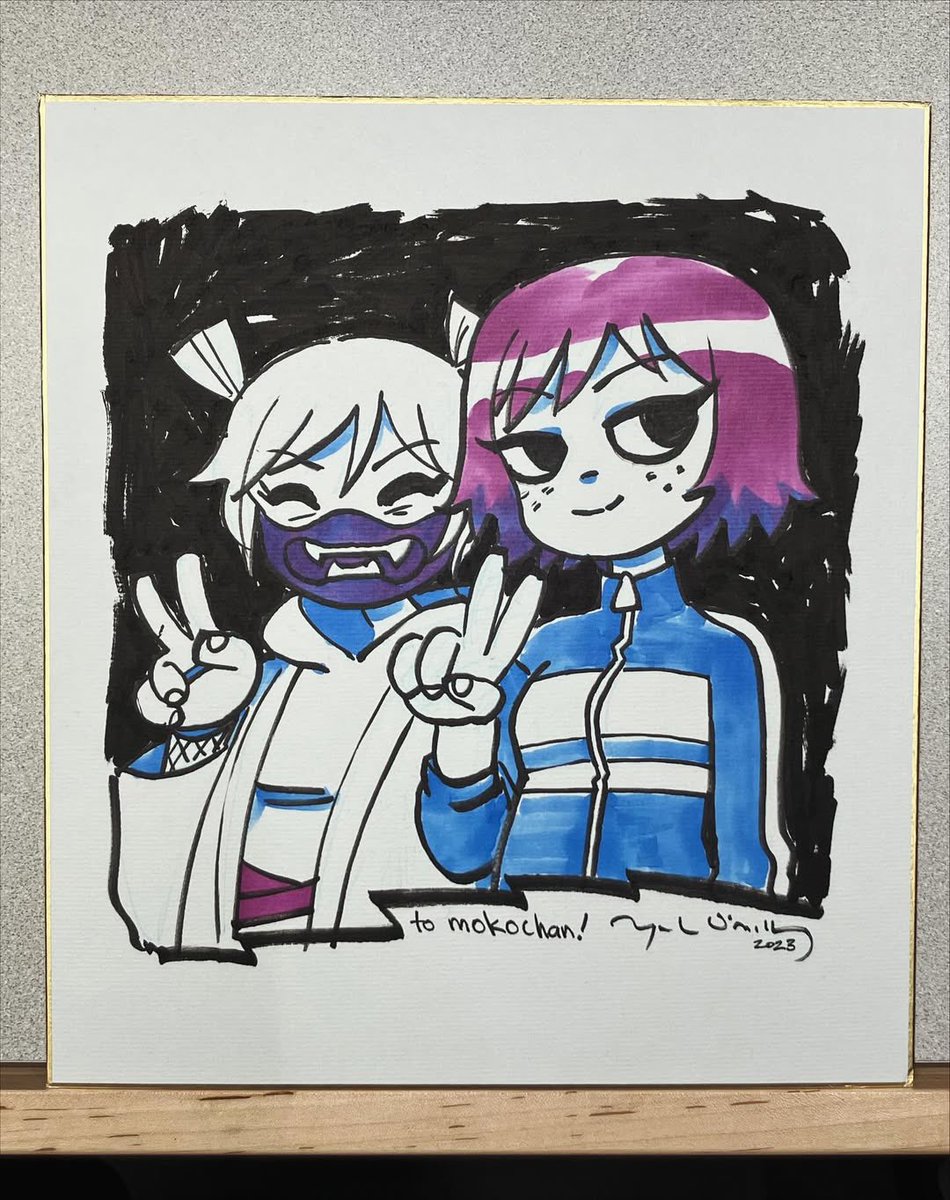 ThePilgrimScoop's tweet image. Today On November 17th, 2025, Bryan Lee O’Malley made a post (on his Instagram page) about the 2 year anniversary of SPTO.

In it he included these drawings one of them was made for Mokochan the writer and Episode director of the Third episode of Takes off “Ramona Rents a Video”