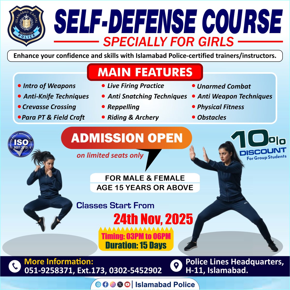 ICT_Police's tweet photo. Empower yourself with confidence and strength!
Join the Islamabad Police Self-Defense Course and learn how to stay safe in any situation.
📞 Register now: 0302-5452902 | 051-9258371 (Ext.173)
#WeRIslamabadPolice #SelfDefense #BePrepared #Islamabad #BeSafeBeStrong https://t.co/SwkQiFSIU3
