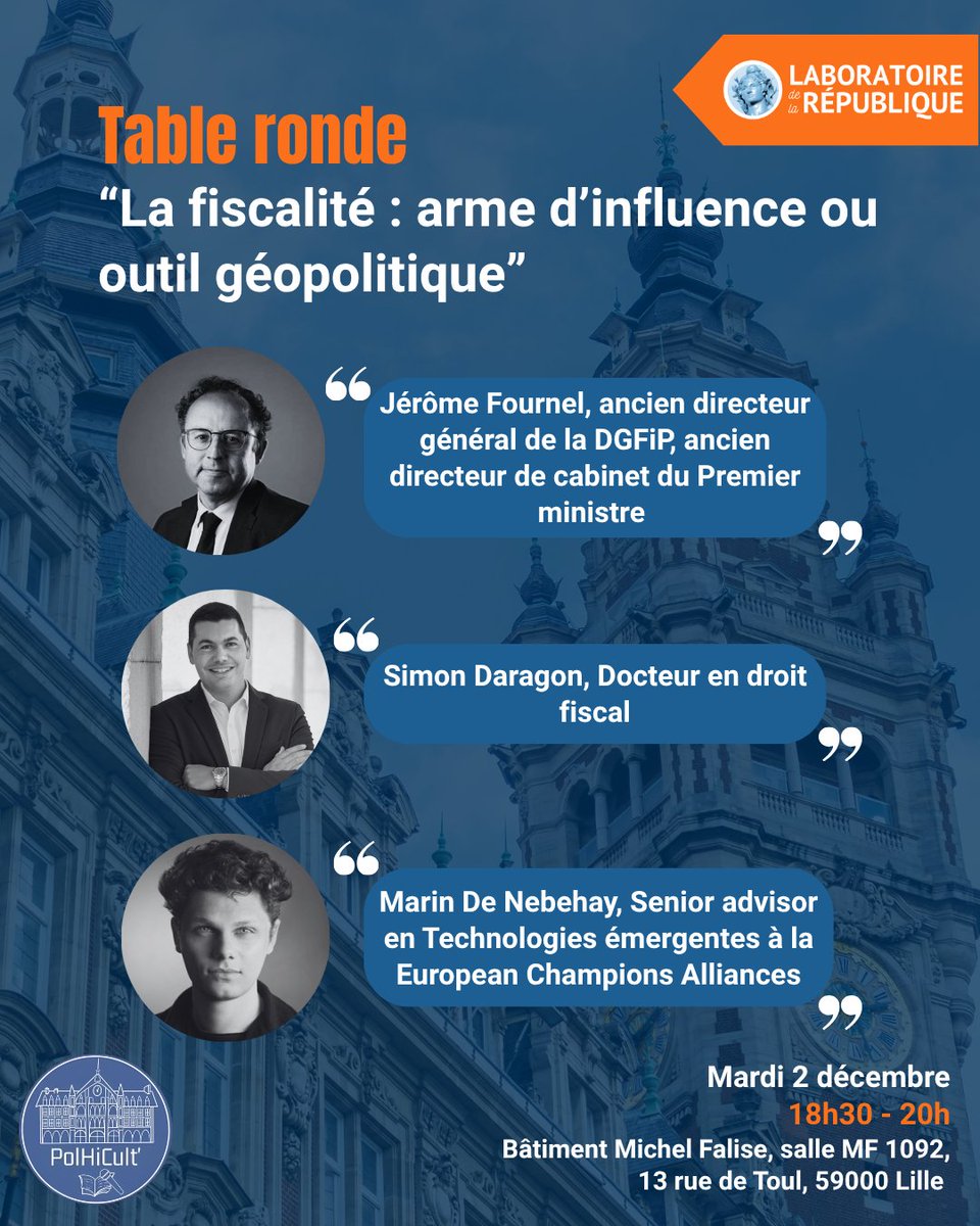 LabRepublique's tweet image. 🎙 La fiscalité : arme d’influence ou outil géopolitique ? 

Le Laboratoire de la République et PolHiCult vous invitent à une rencontre incontournable pour décrypter les nouveaux rapports de force mondiaux à travers le prisme de la fiscalité.

Trois experts de haut niveau…