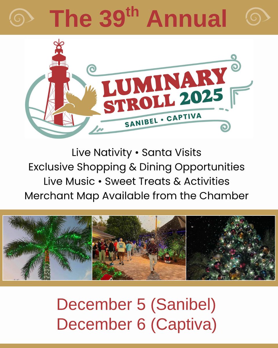 shoponsanibel's tweet image. Join us for the 39th Annual Luminary Stroll—live music, Santa sightings, a live nativity, and festive treats at participating merchants. Pick up a map from the Chamber and be sure to visit Tahitian Gardens, The Village Shops, Olde Sanibel Shoppes, and Town Center.